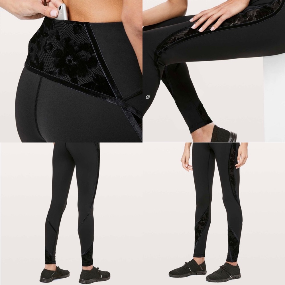 lululemon athletica Black Floral Velvet Inset High-Rise Leggings